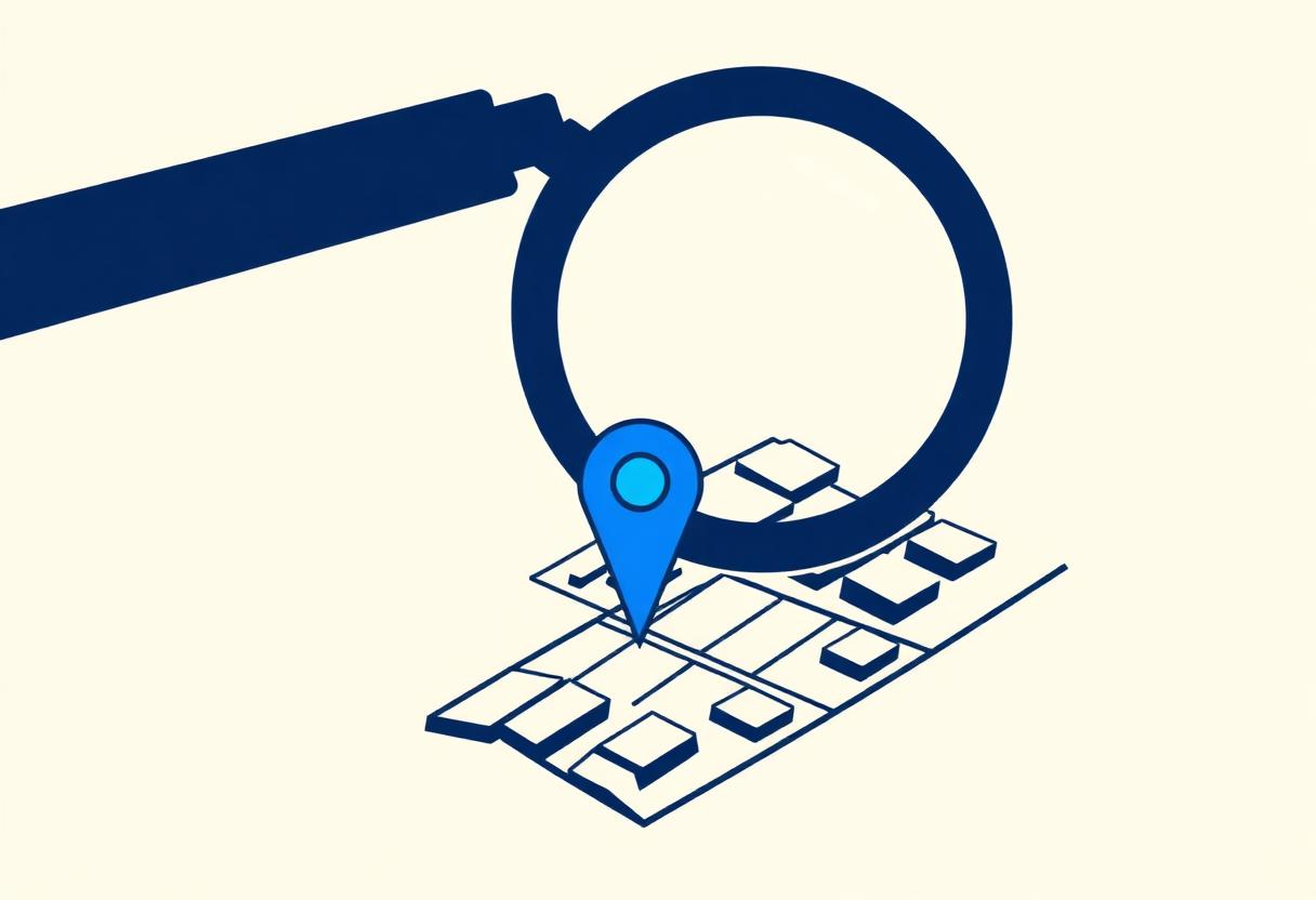 Illustration of a magnifying glass over a city map with a highlighted location pin.